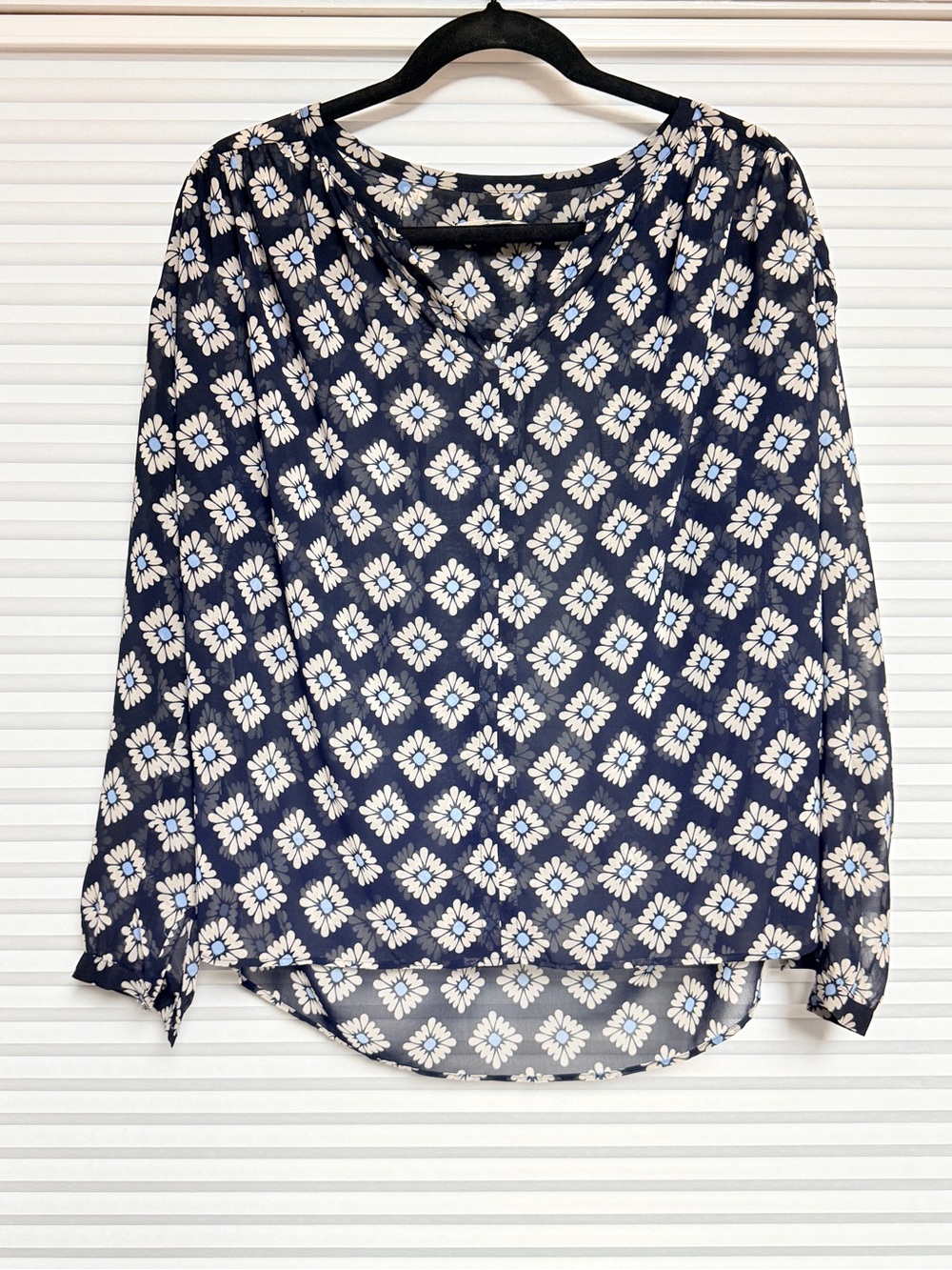LOFT Navy and White Floral-Print Long Sleeve Blouse